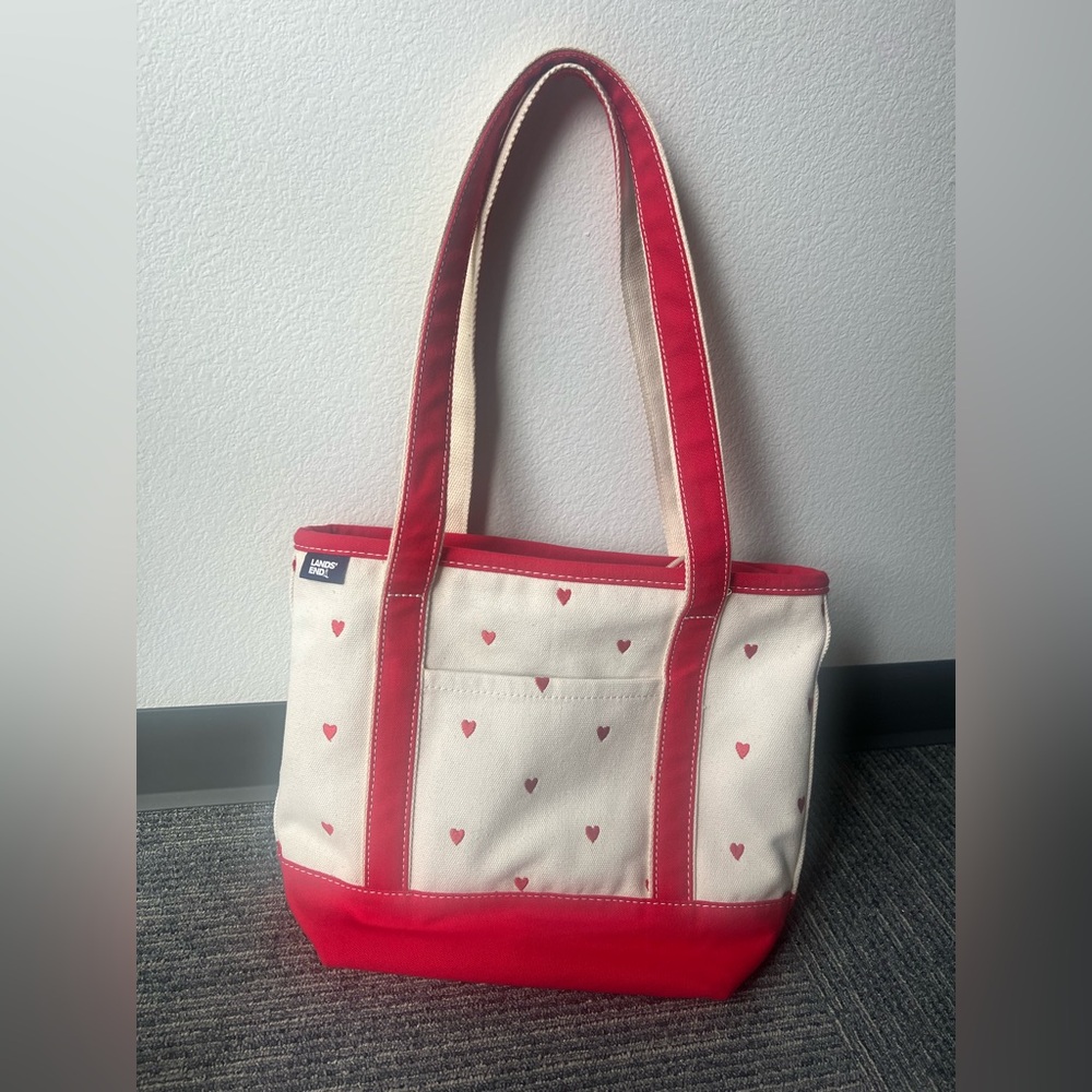 Lands End Red and Cream Heart Tote Bag